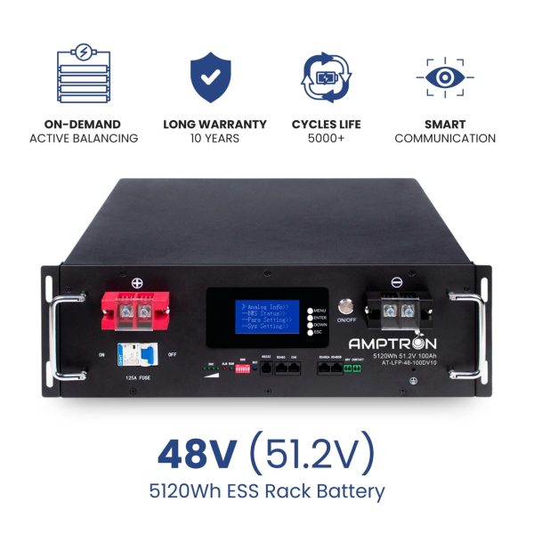 48V (51.2V) 100Ah 5120Wh LiFePO4 Rack Battery with Active Dynamic Balancing,10 Years Warranty, 5000+ cycles life