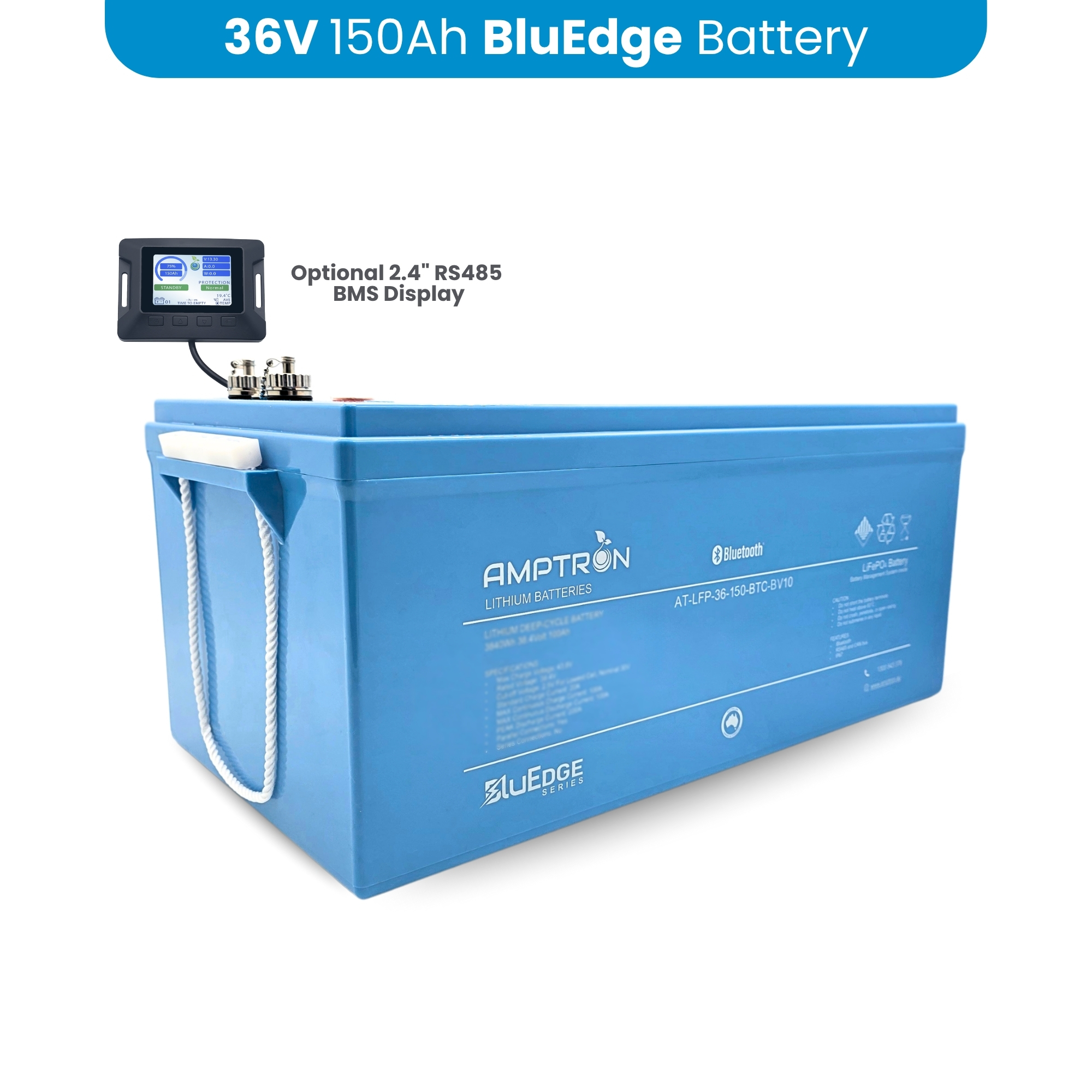 36V 150Ah 180A Continuous Discharge BluEdge LiFePO4 Lithium Battery – Deep Cycle Smart Battery with Bluetooth, RS485, CAN Bus & IP67 rating
